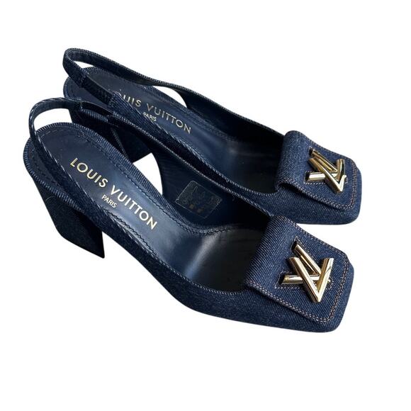 Louis Vuitton Denim Slingback Pumps Block Heel Blue Sz 38 - Picture 1 of 12